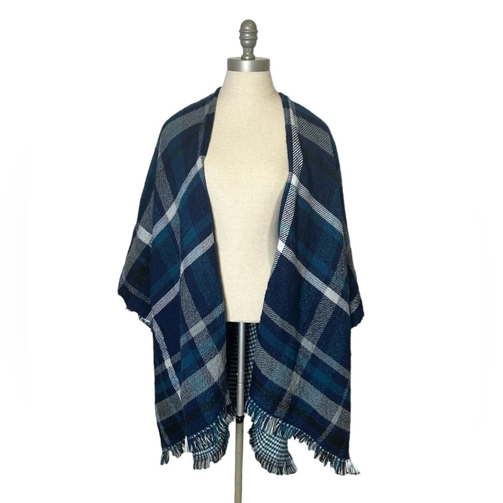 Steve Madden Blue Turquoise Reversible Plaid Houndstooth Shawl Scarf Wrap - Picture 2 of 13